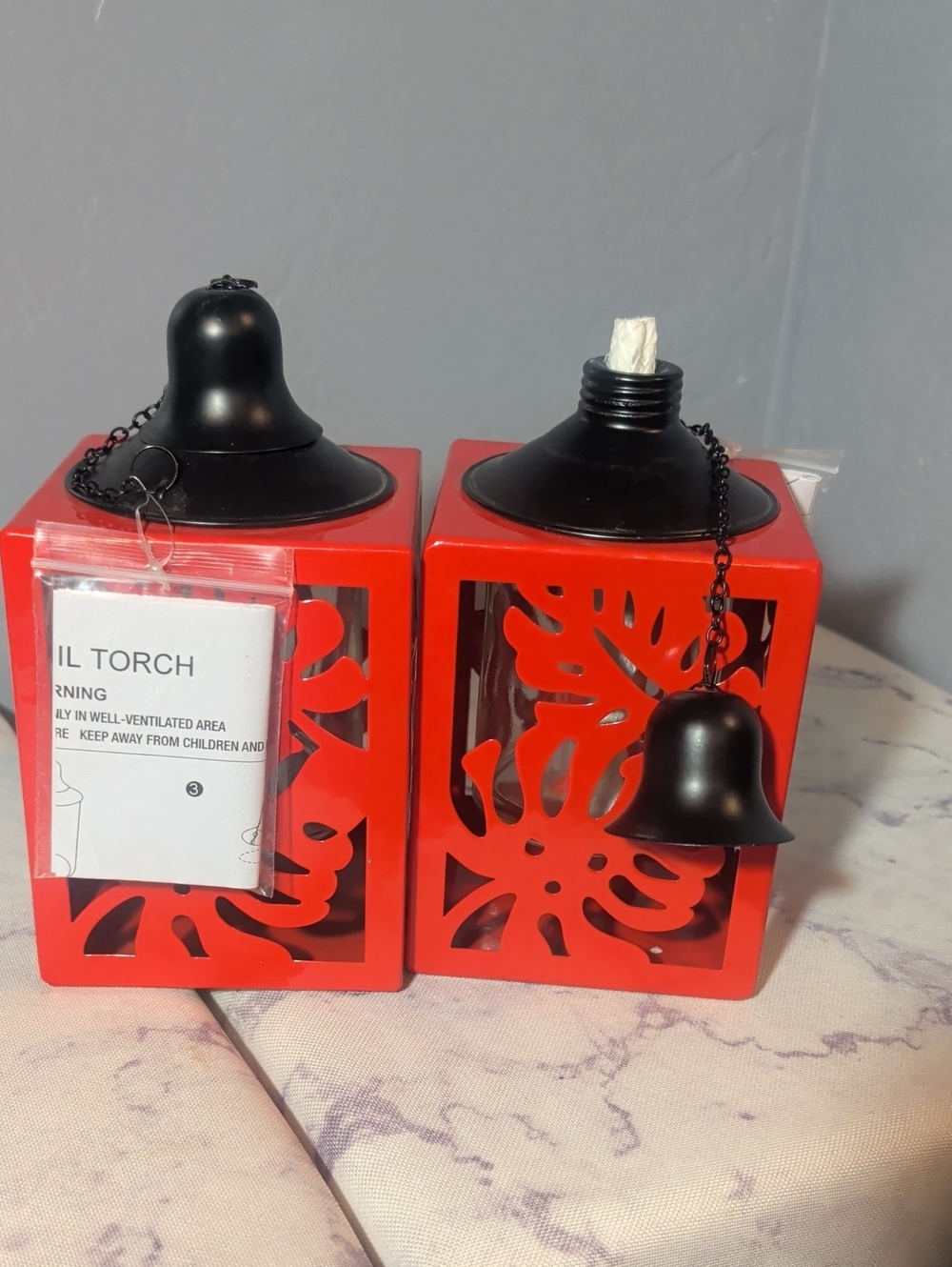 Decorative Red Metal Lantern Oil Torch - Set of 2
